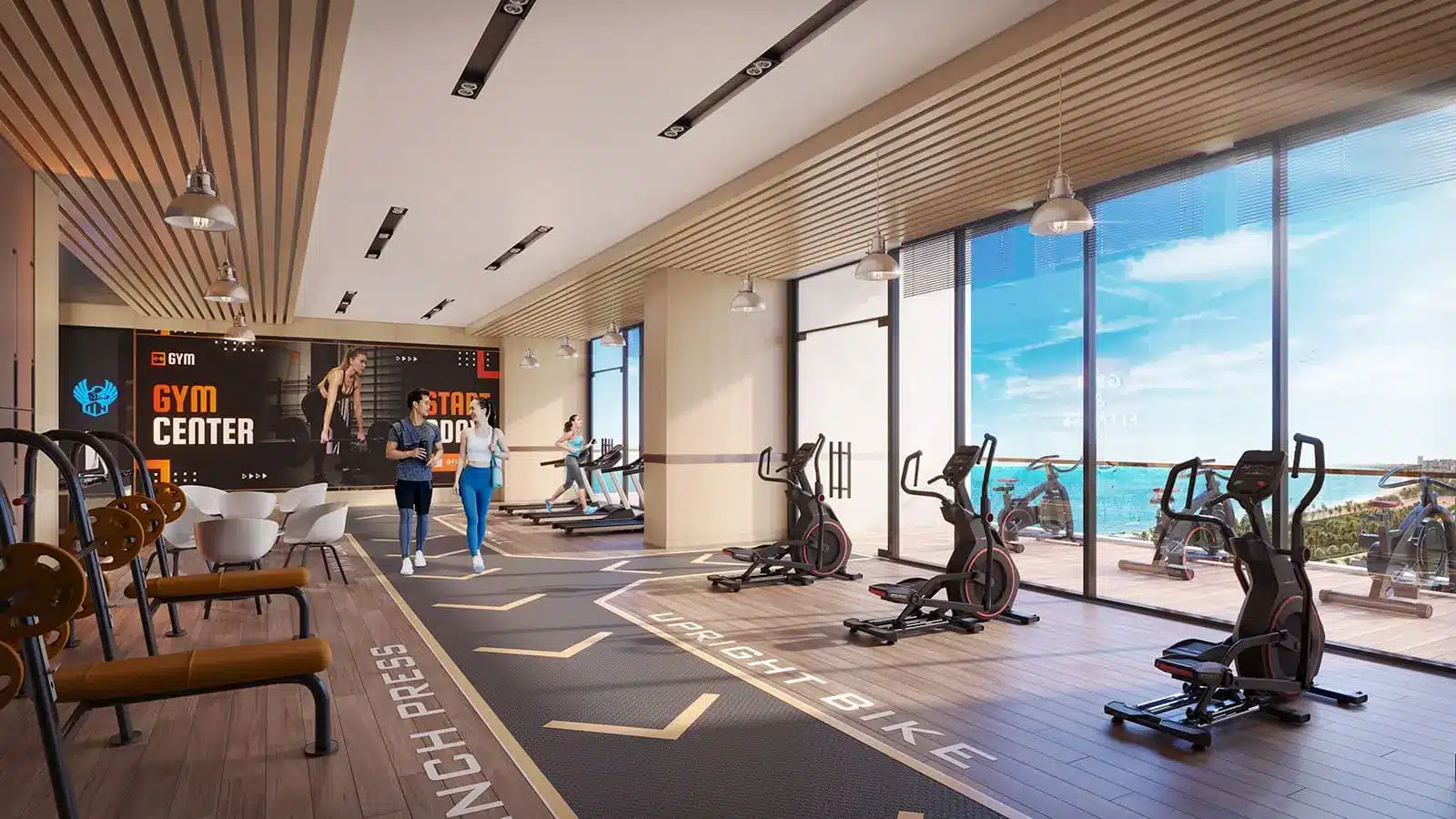 Phòng gym hiện đại tại Sun Costa Residences Đà Nẵng với view biển Mỹ Khê tuyệt đẹp.